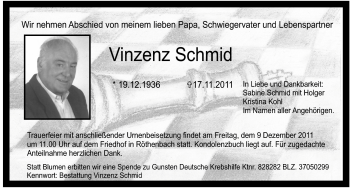 Traueranzeige von Vinzenz Schmid von Pegnitz-Zeitung